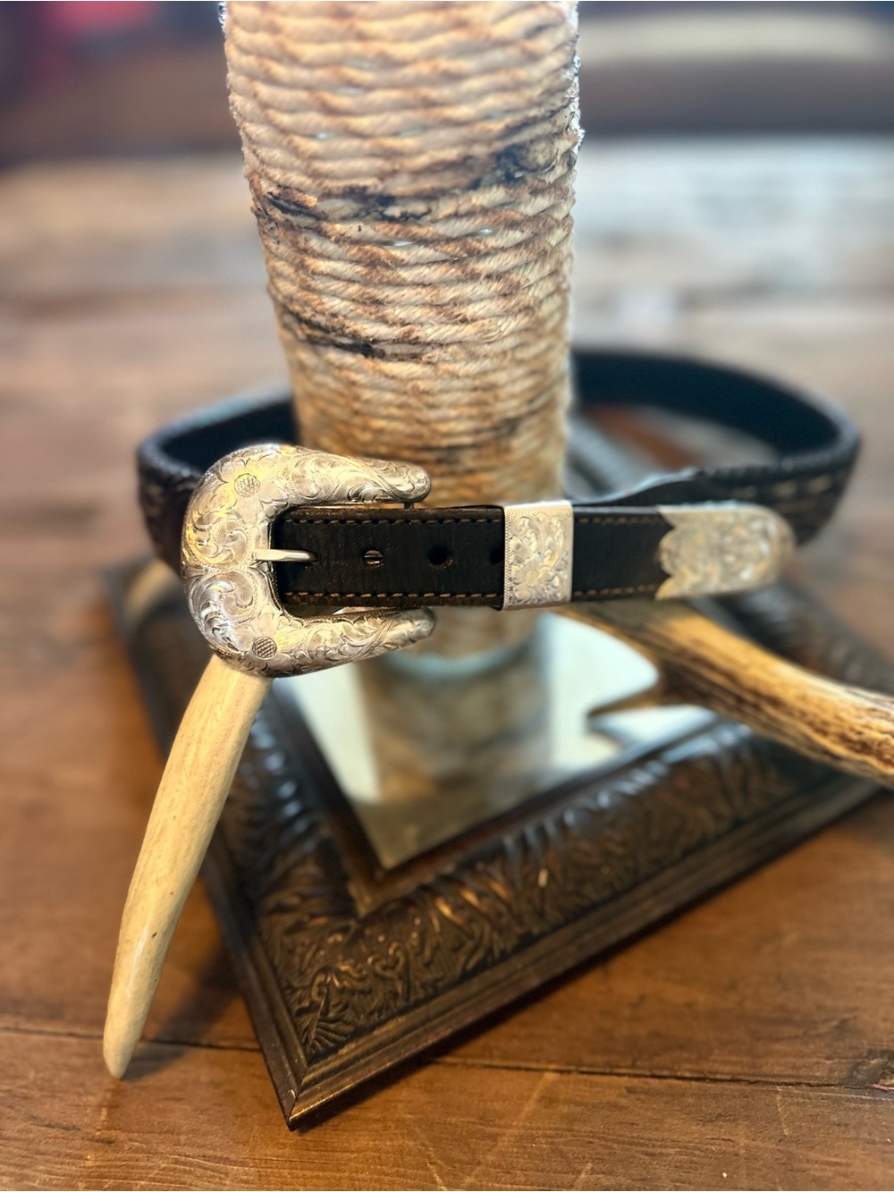 Vogt Full Hand Engraved Sterling Silver .925 Belt Buckle & Horsehair Belt